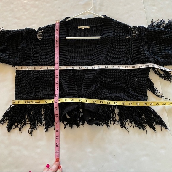 Tularosa Fringe Cardigan Sweater Womens Size Small Black Tie Front Cropped - Picture 12 of 12